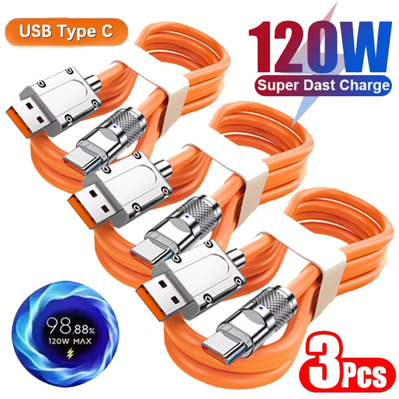 3pcs 120w Carregamento Super Rápido Tipo-c Cabo De Silicone Líquido Linhas De Para Xiaomi Samsung Fio De Dados De Telefo