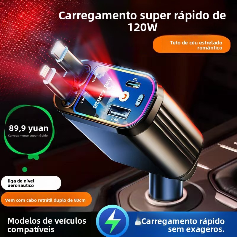 Carregador de carro estrelado 120W, cabo retrátil de carga Super rápida para celular, um para quatro portas de isqueiro