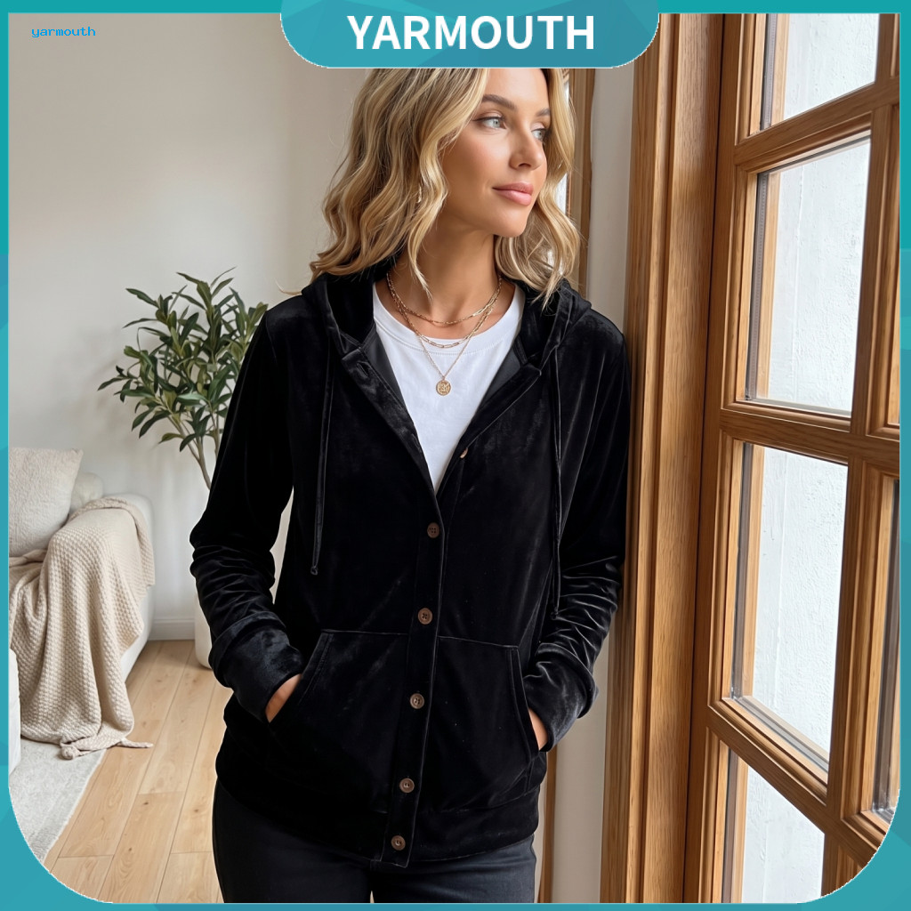 Relaxed Fit Velvet Hoodie Button Front Women’s Long Sleeve Loose Drawstring Jacket Warm Coat for Autumn for Southeast
