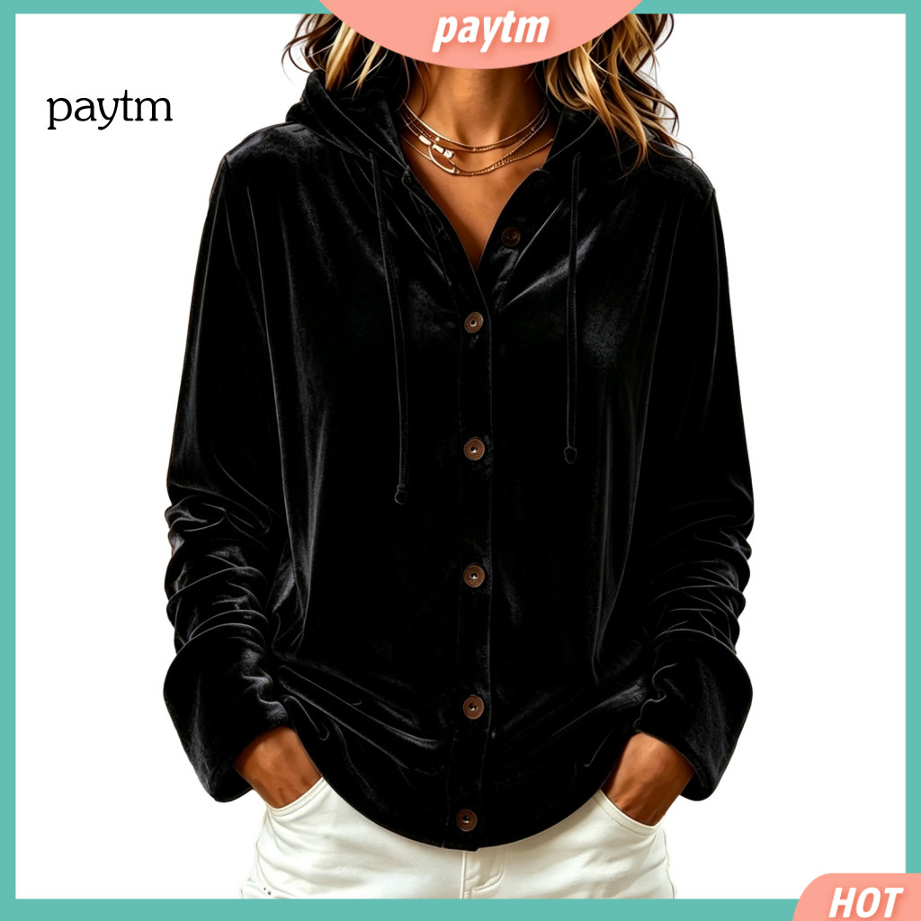 Button Down Coat Front Velvet Hoodie Women’s Long Sleeve Loose Fit Drawstring Jacket Warm for Autumn Winter – for So