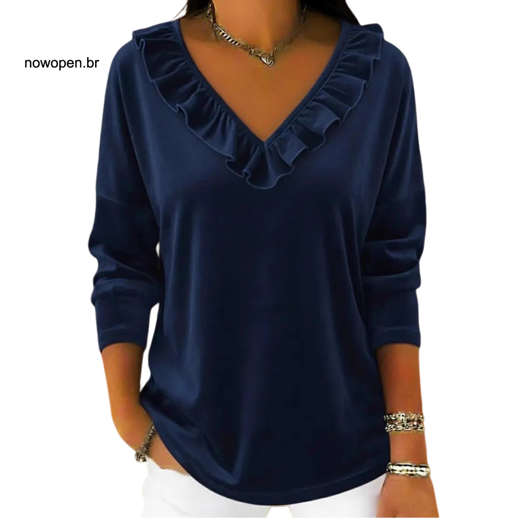 Long Sleeve Blouse Women V-neck Tops Women’s V Neck Velvet Ruffle Neckline Loose Fit Pullover Top for Work Party Date