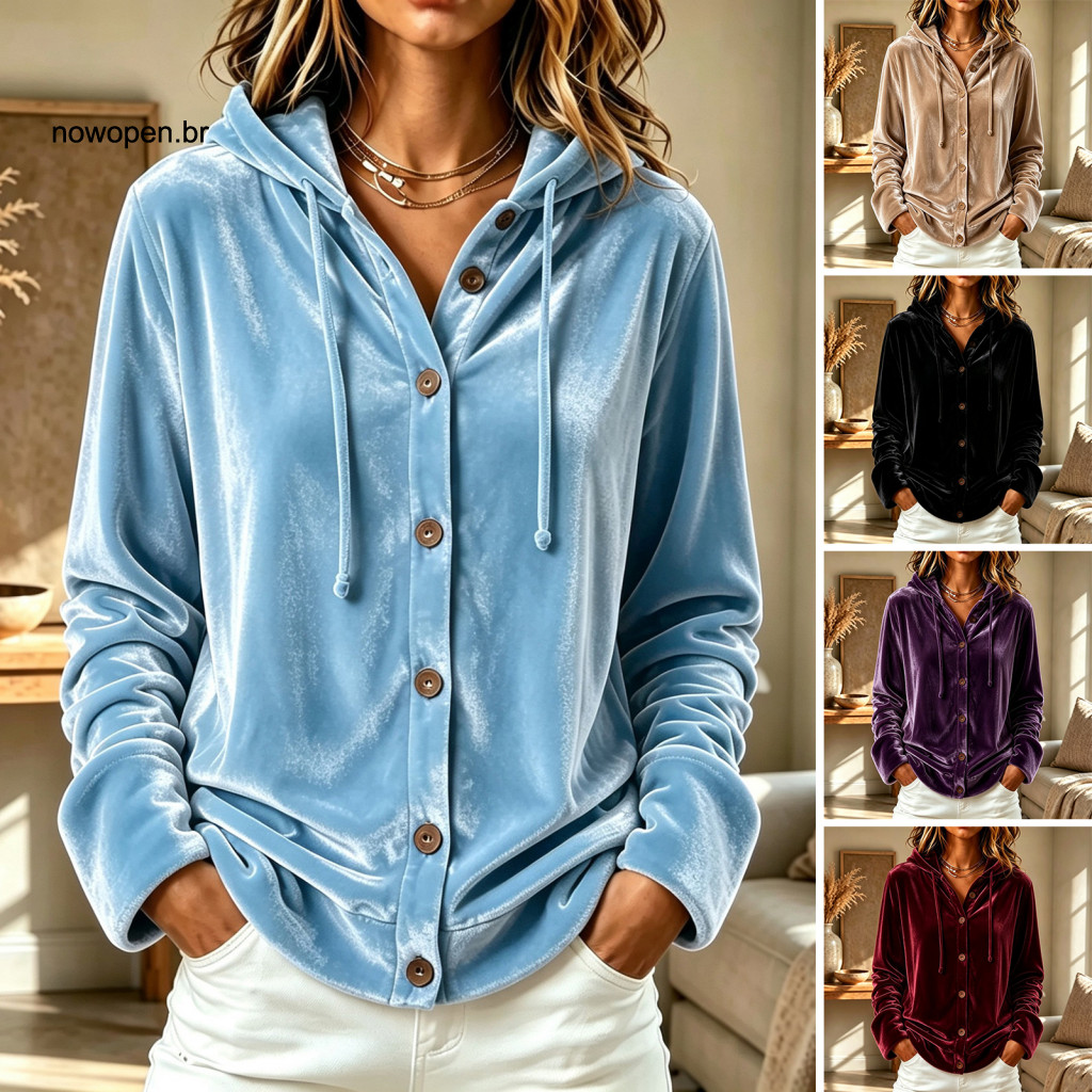 Button Front Velvet Hoodie Relaxed Fit Women’s Long Sleeve Loose Drawstring Jacket Warm Coat for Autumn for Southeast