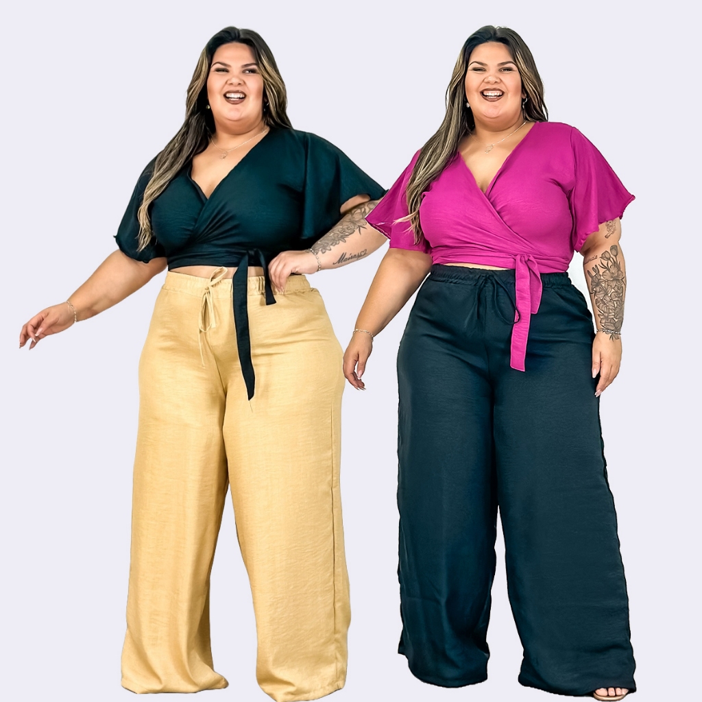 Conjunto Plus Size Calça Pantalona e Cropped Multiuso de Amarração