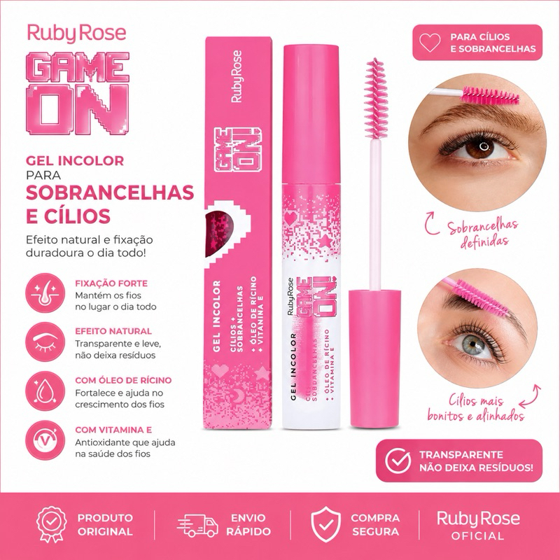 Gel Incolor para Sobrancelhas e Cílios Ruby Rose Game On – Fixação Natural
