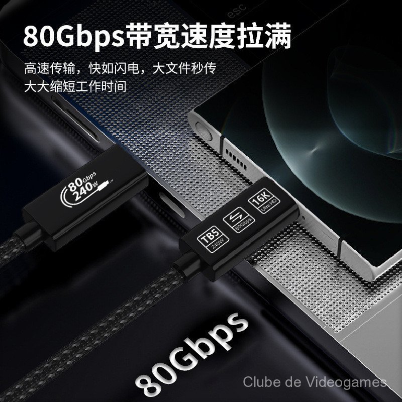 Cabo de dados USB4 Gen4 Type-C 80Gbps, carregamento rápido PD 240W, Thunderbolt 5, cabo de vídeo 16K multifuncional