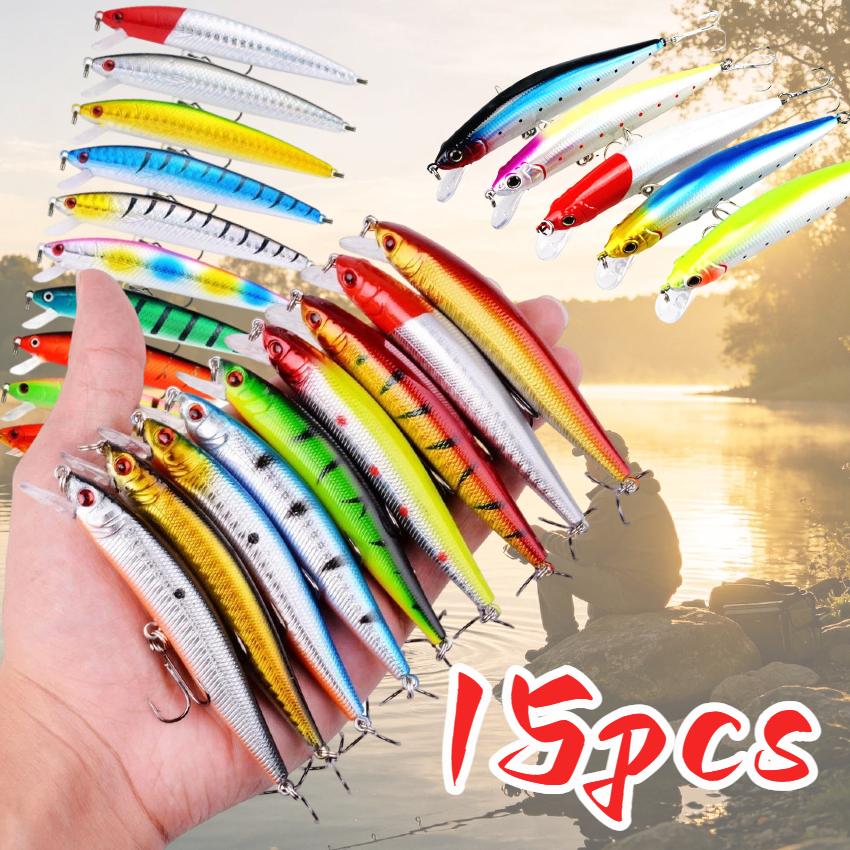 Medoosi 15pcs Kit Acessórios de Pesca Composto por Iscas, Anzóis e Pescoços, Equipamento para Pesca de Água Doce e Mar