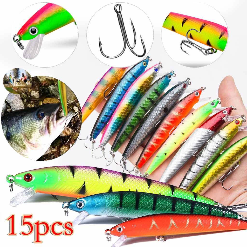 Kit Com 15pcs/Pesca Iscas Artificials Dura De Qualidade Minnow Lure 3D Olhos De Plástico Jig Wobblers Crankbait