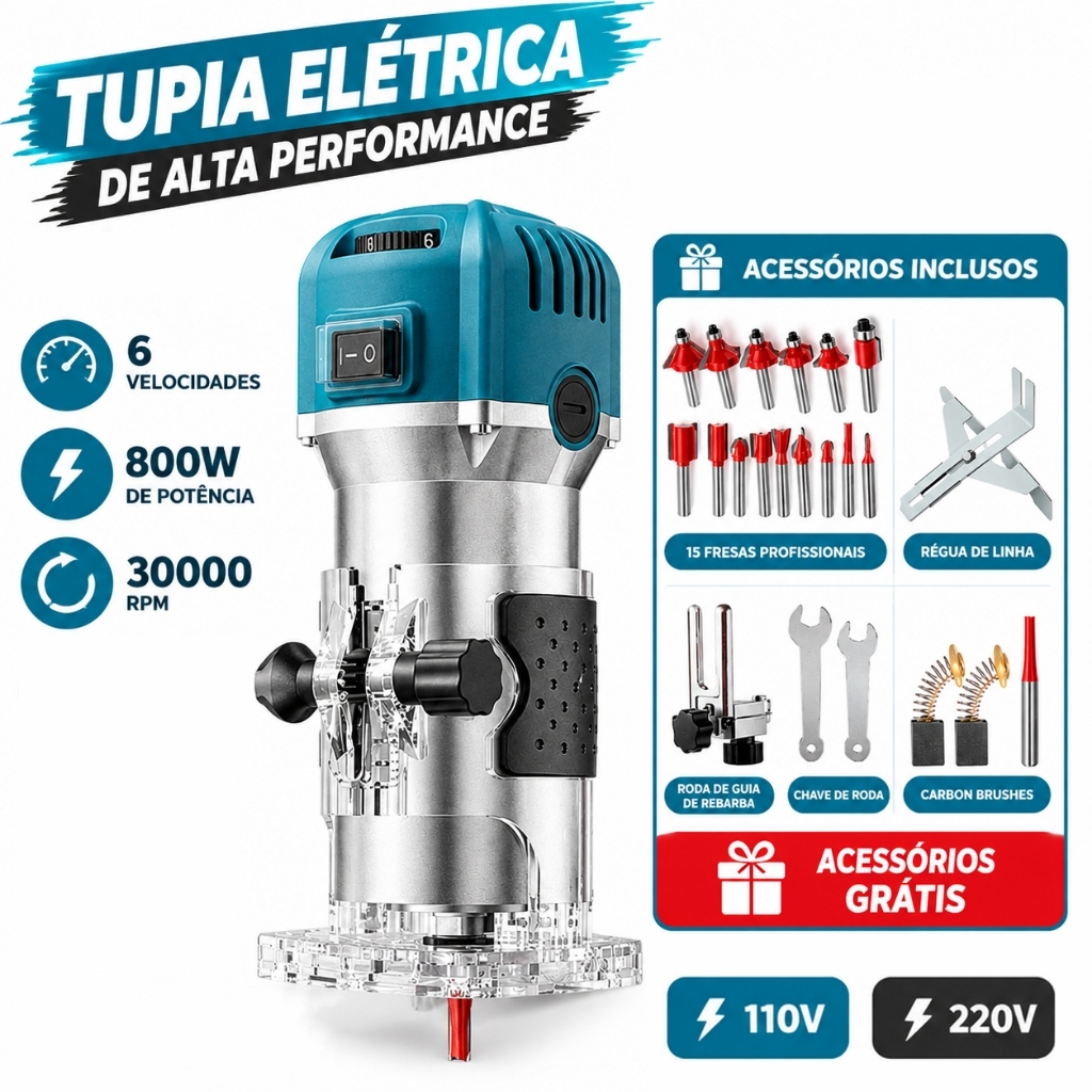 Kit Tupia Laminadora Manual 800W 6 Velocidades 110V/220V com 15 Fresas, para Madeira, Corte, Acabamento e Marcenaria