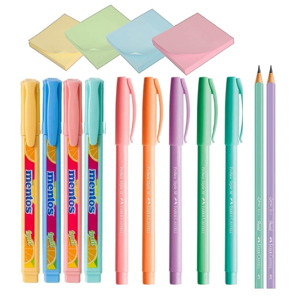 kit papelaria fofa tons pastel marca texto com cheirinho e canetas 15pçs