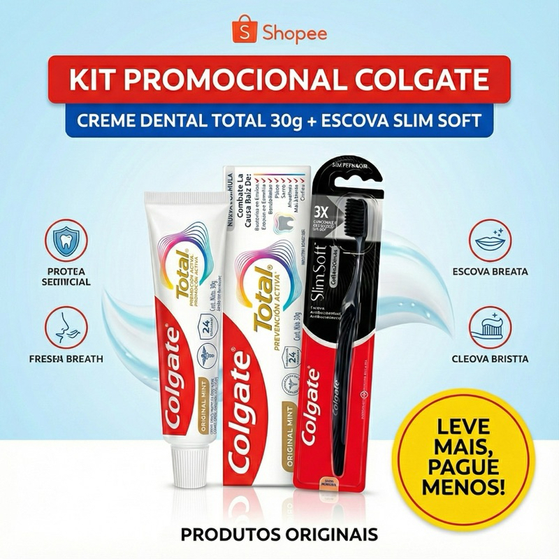 Kit Viagem Colgate: Escova Slim Soft Black + Pasta Total 12 (30g) - Compacto e Premium