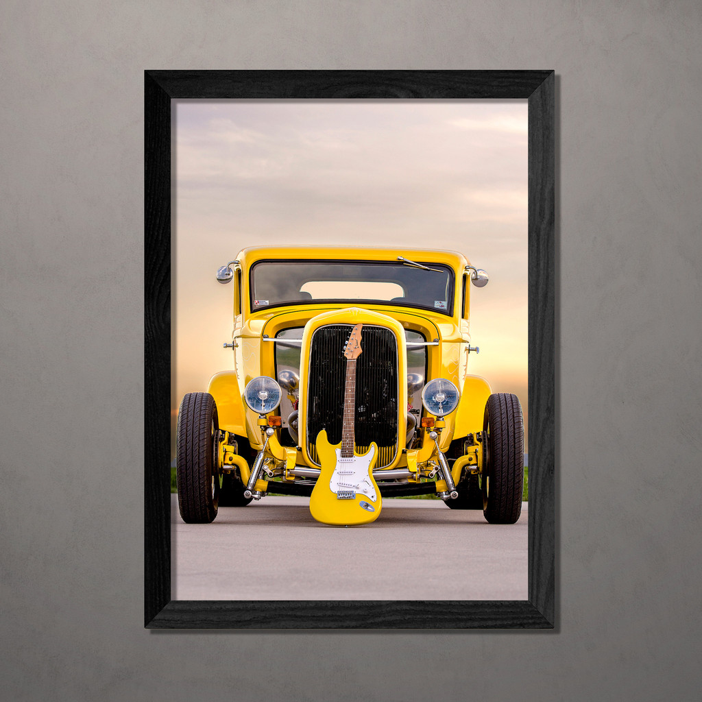 Quadro Decorativo Yellow guitar car A4 Com Vidro