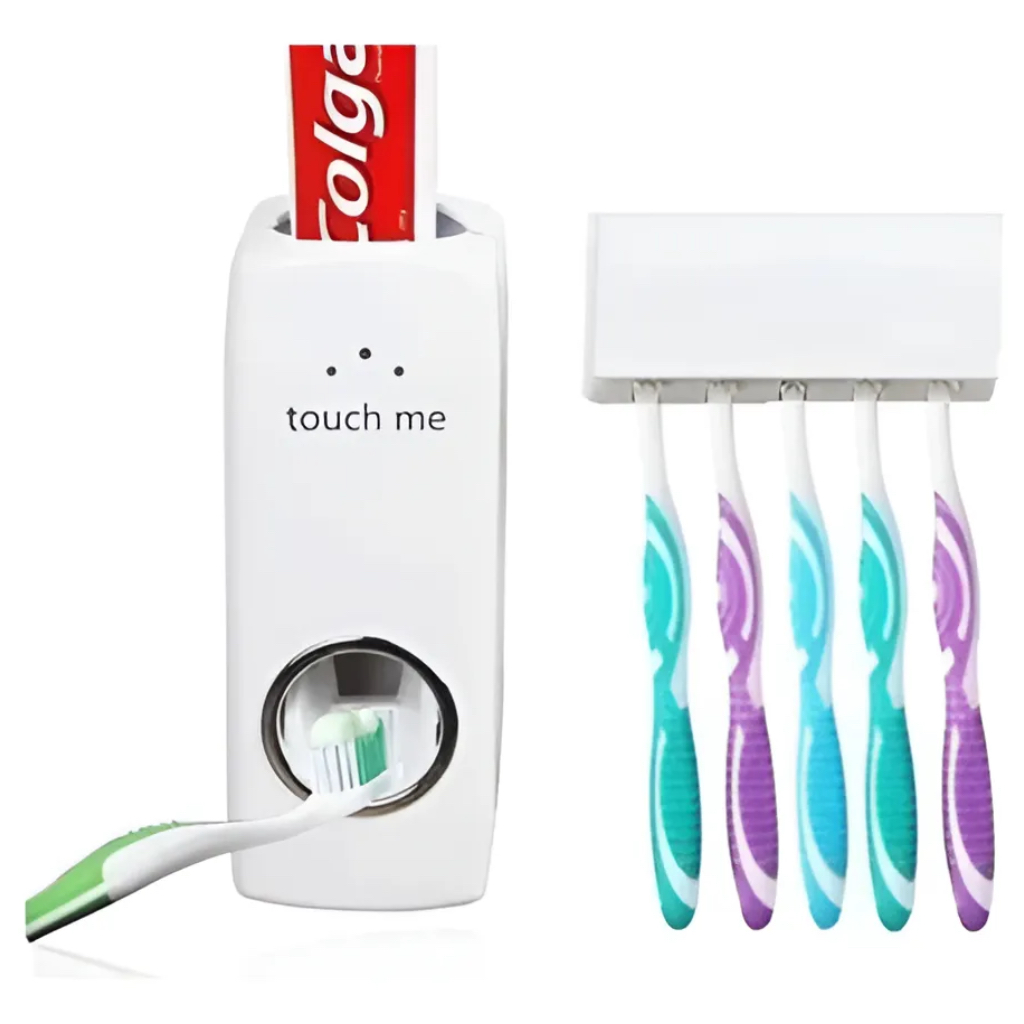 Dispenser Automático de Pasta de Dente com Suporte para 5 Escovas – Fixação Sem Furo Cor Branco
