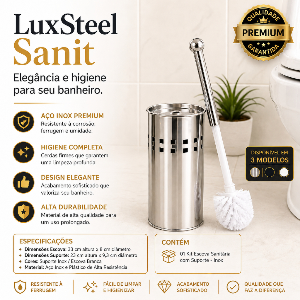 Escova Sanitária Inox Suporte Premium Limpeza Profunda Higiênica Alta Durabilidade Banheiro Moderno