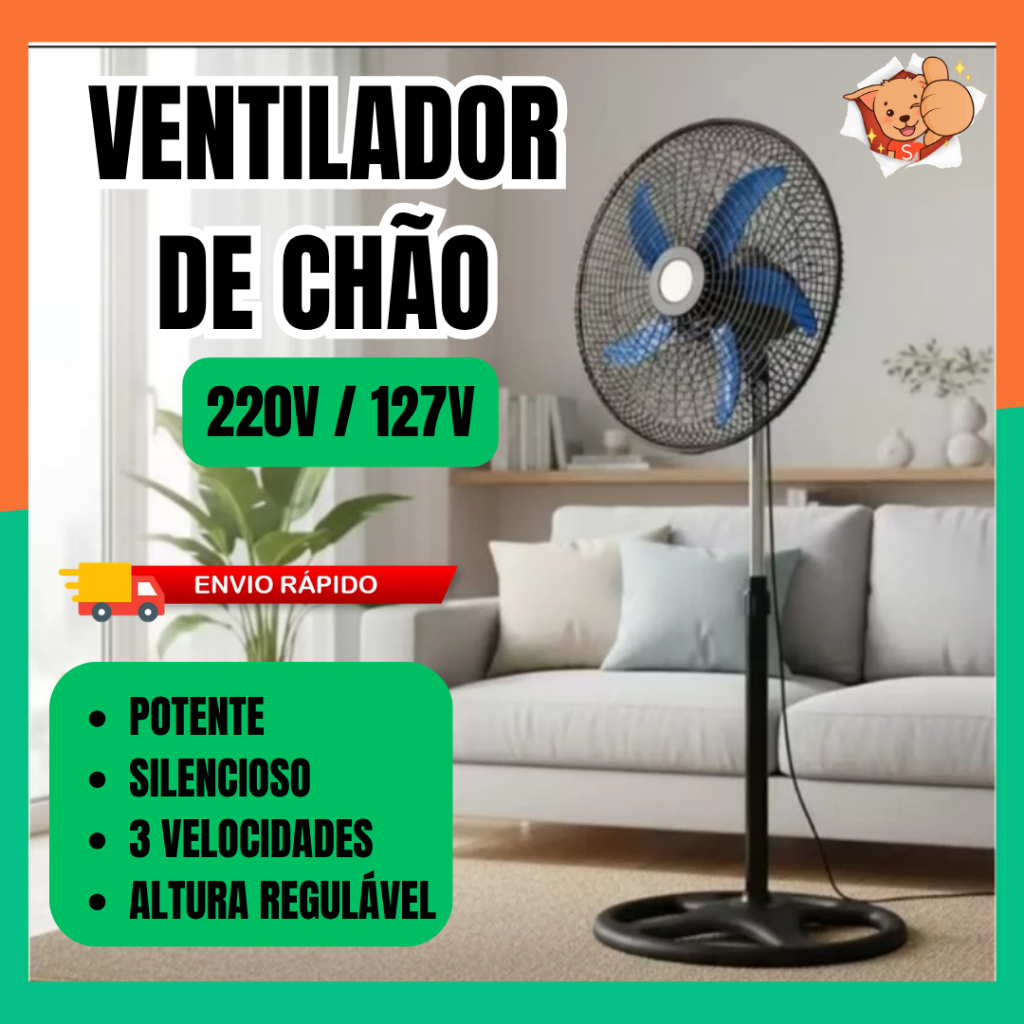 Ventilador Pedestal Chão 60W 220V 50cm 3 Velocidades Ajustável Silencioso Base Estável Calor Forte
