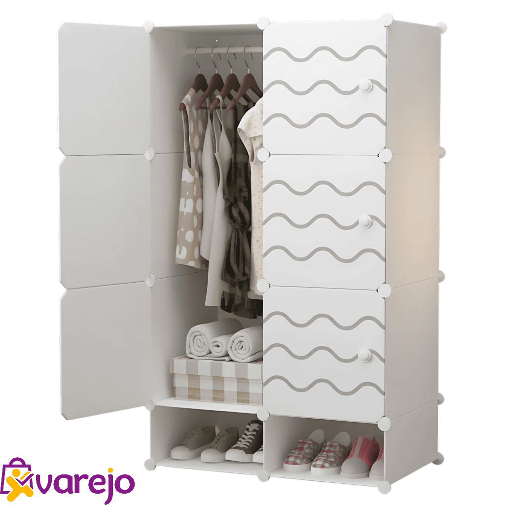 Guarda-Roupa Modular de Plástico PP – Organizador com Cabideiro Sapateira, Portátil Dobrável Quarto