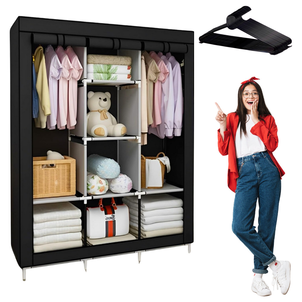 Kit Guarda-Roupa Portátil com 3 Portas Organizador em Metal Tecido Respirável, Impermeável + 10 Cabides de Plástico