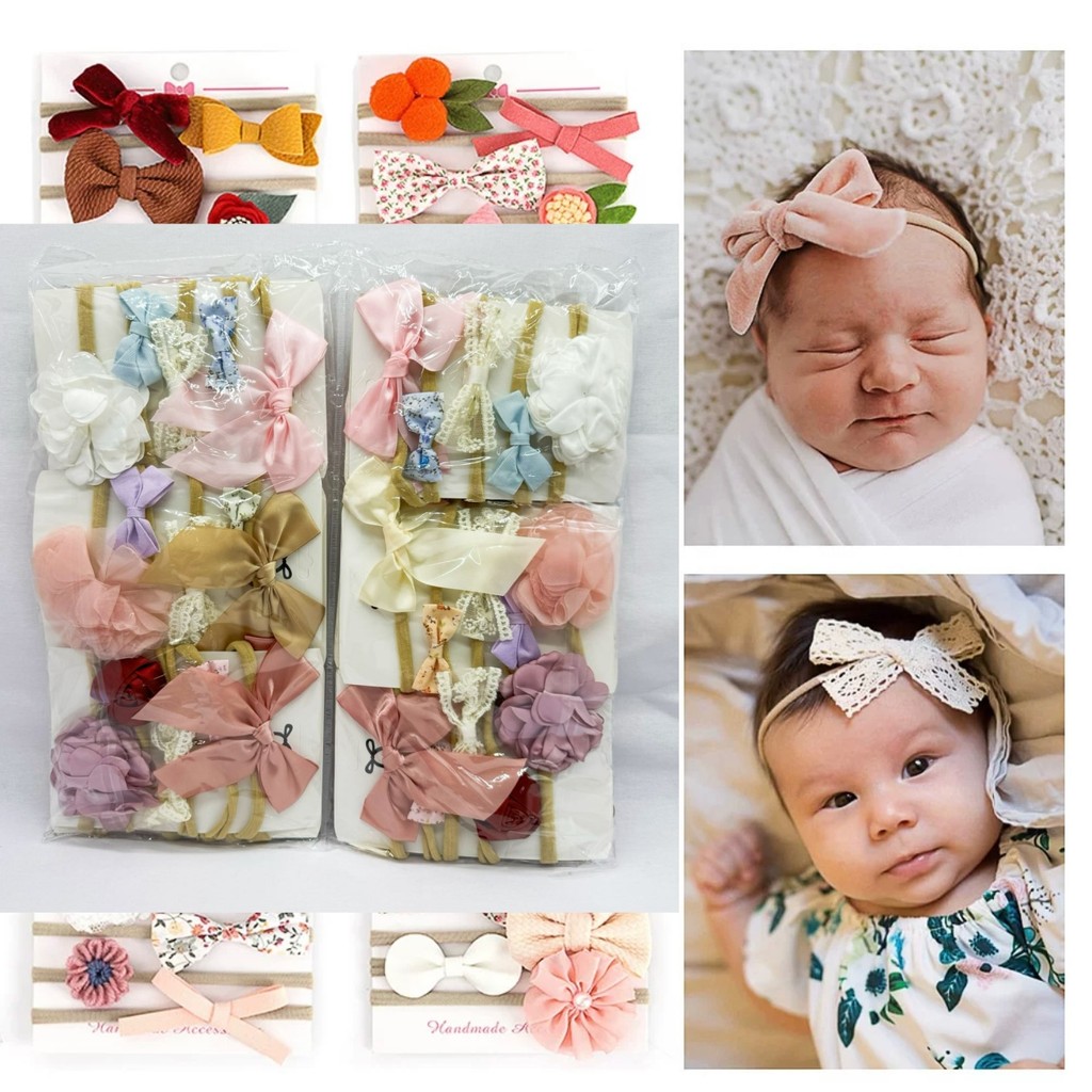 kit 5Pcs-15pçs Set Recém-Nascido Feito A Mão Fita De Cabeça De Nó De Arco Com Flor Sólida Acessórios Para Cabelo De Bebê