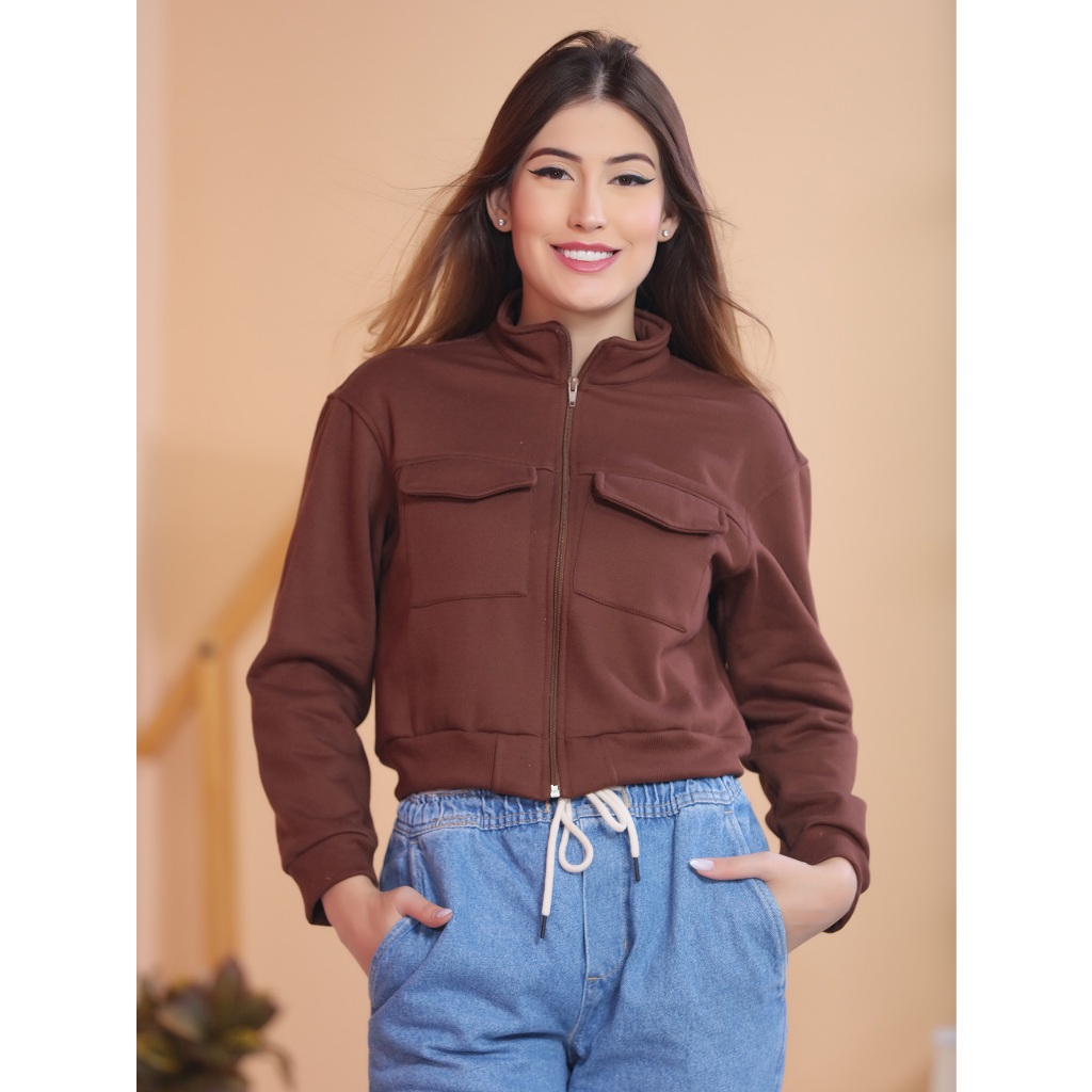 PETITE Ombro caído zíper  gola alta moletom com bolso