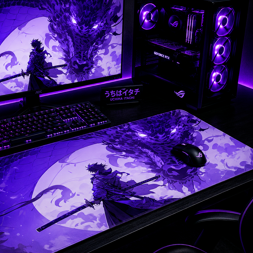 Mouse Pad Gamer Personalizado Dragão Samurai Roxo Grande RGB Anime Exclusivo 80x30cm Confortável e Preciso
