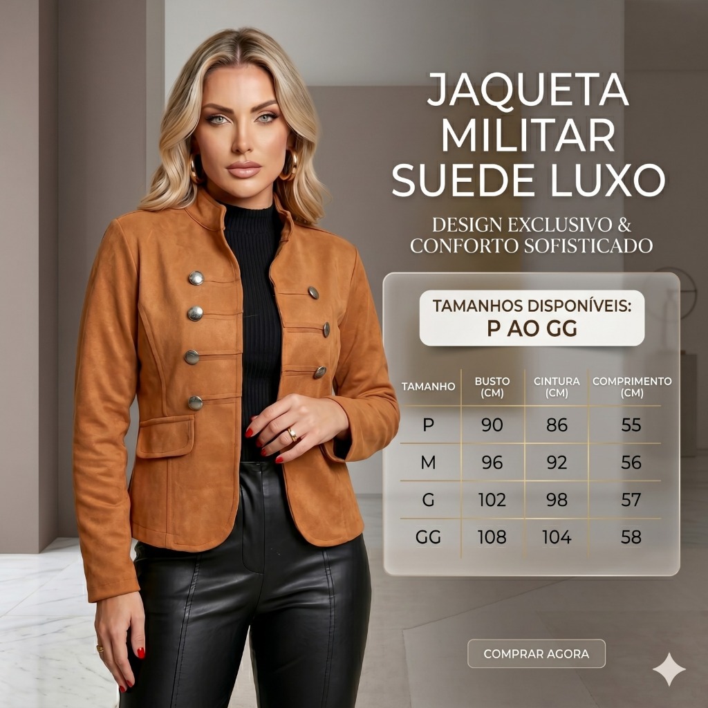 Jaqueta Militar Blazer De Suede Feminino Com Botões Moda Outono/Inverno