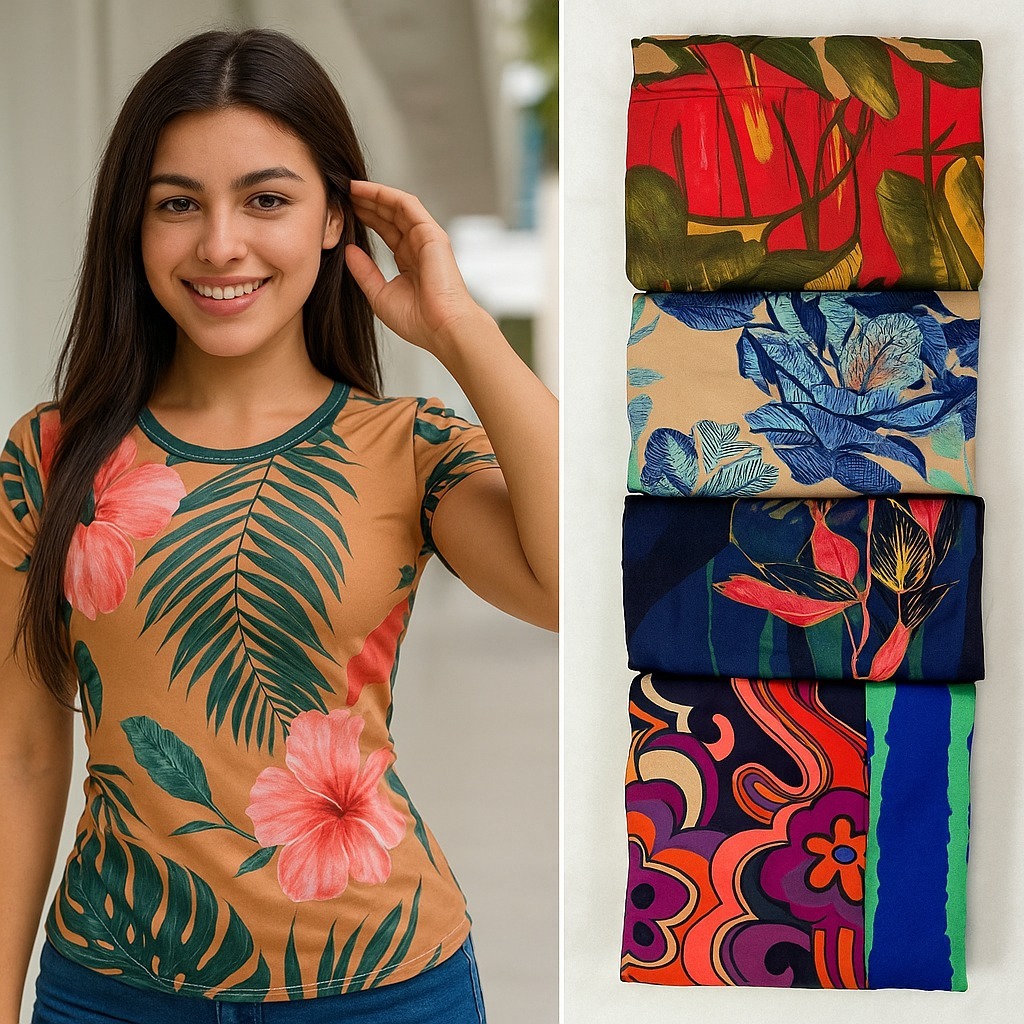 Kit 5 Blusas BabyLook Tshirt De Manguinha Malha Suede Moda Estampada