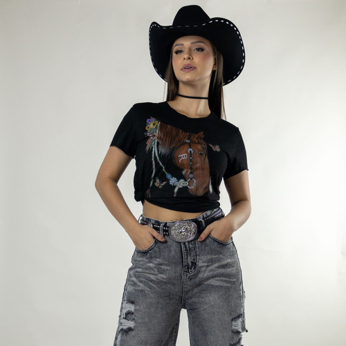 Blusa Suede Feminina Preta Estampada Love Horse Moda Country Baby Look Cowgirl Texas Ranch Jeans