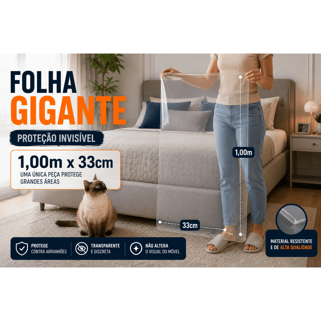 Protetor Anti Arranhão para Sofá e Cama | Folha Gigante Transparente 1,06m x 33cm | Gato