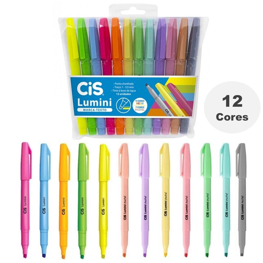 Caneta Marca Texto Cis Lumini Neon/Pastel C/12 Cores Traços Até 3,5mm