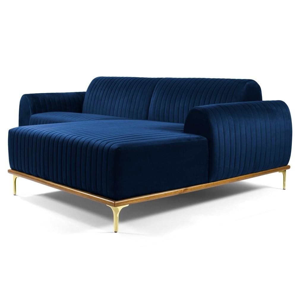Sofá 300cm 5 Lugares com Chaise Direito Pés Gold Molino C-304 Veludo Azul Marinho - Domi