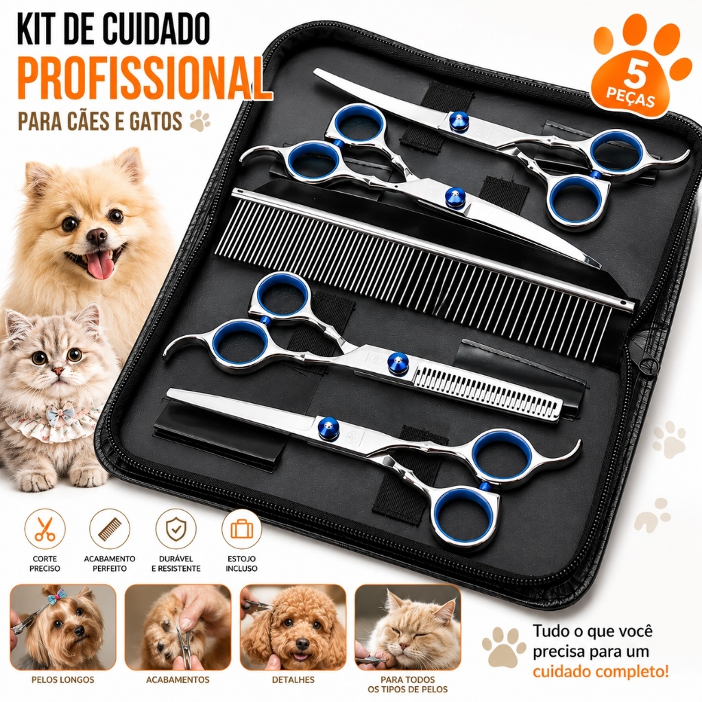 2/5 Pçs Tesoura Pet Profissional para Tosa, Corte e Desbaste de Pelos de Cachorro e Gato