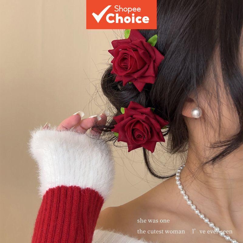 Grampo De Cabelo Rosa Vermelha Vintage Luz Luxo Romântico Floresta Hairpin Duckbill Clipe Para Mulheres Foto Prop