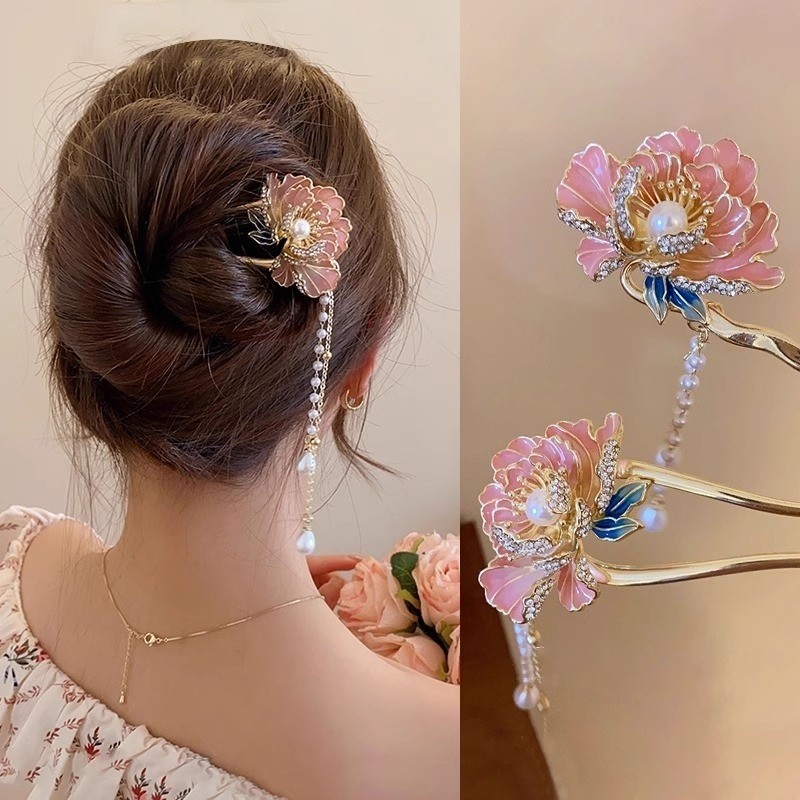 Novo estilo chinês rosa flor de pêssego borla hairpin feminino Retro meia bola cabeça placa cabelo passo agitando hairpi