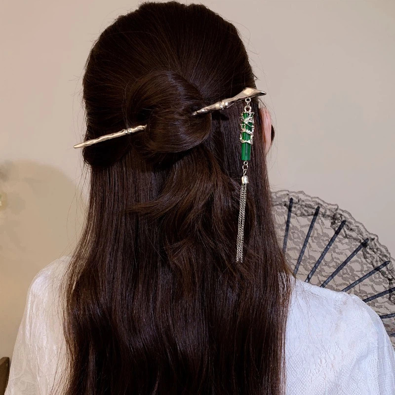 Novo estilo dragão padrão borla Jade bambu hairpin novo estilo chinês bambu hairpin Retro estilo legal hairpin acessório