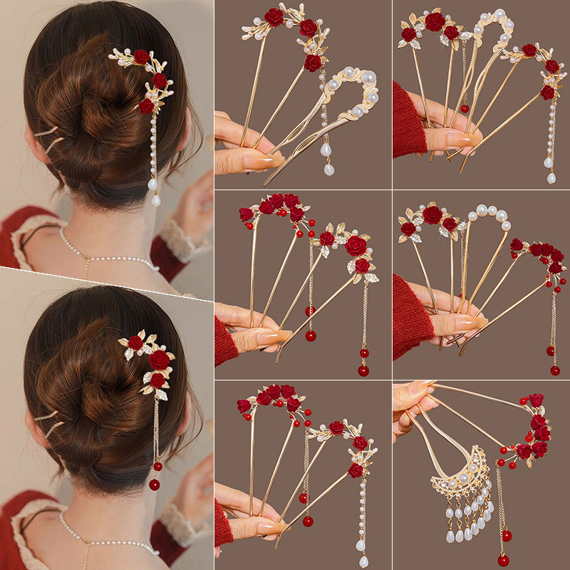 Novo estilo chinês rosa vermelha em forma de U Hairpin feminino cabeça traseira Hairpin ferramenta útil bola Hairpin ano