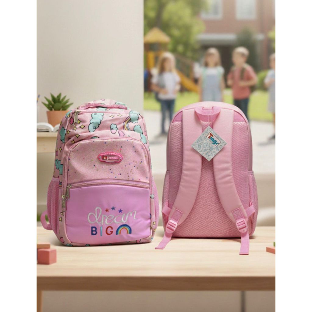 Mochila Escolar Infantil Para Menina Rosa Arco Iris Moderna 18 Litros Suporte Garrafinha