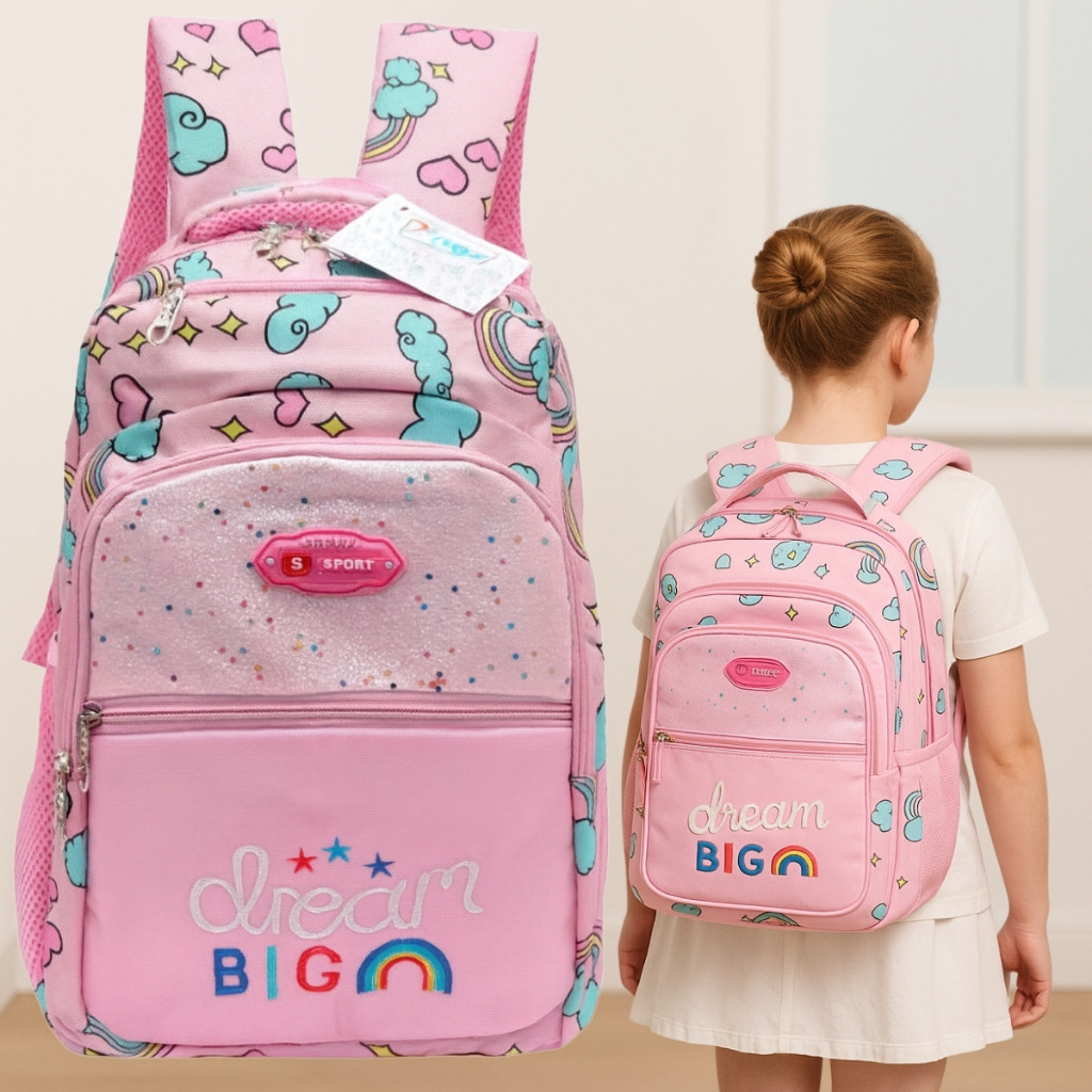 Mochila Escolar Infantil Para Menina Rosa Arco Iris Premium 18 Litros Suporte Garrafinha