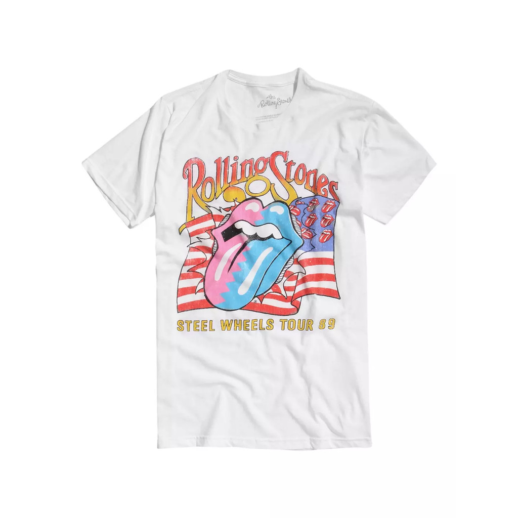 Camisa de T-Shirt Branca para Homens com Design da Banda Rolling Stones, Tongue e Bandeira Americana, Ideal para