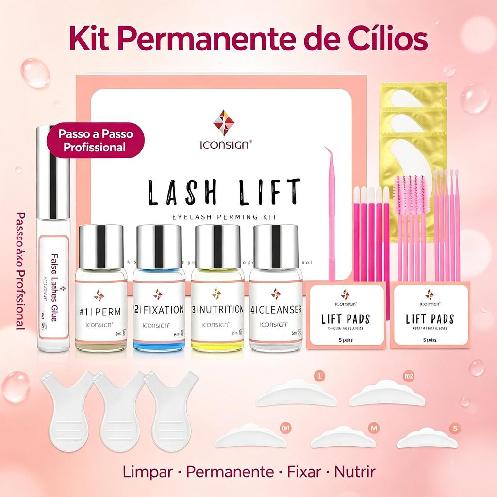 1 Kit Lash Lift Iconsign Completo, Permanente de Cílios, Perm Fix Nutrição Cleanser e Acessórios