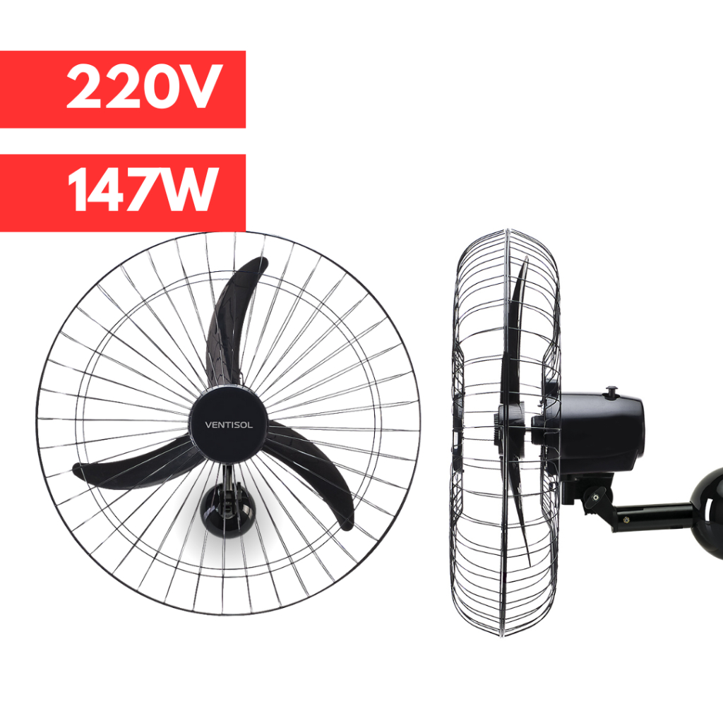 Ventilador de Parede New Oscilante Preto 60cm 220V Ventisol Wind 147W Verão Resfriamento