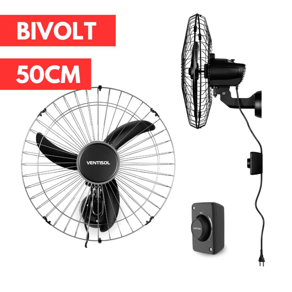 Ventilador Parede 3 Pás 50cm Bivolt Ventisol Grade Aço Premium Oscilante Preto Wind Resfriamento