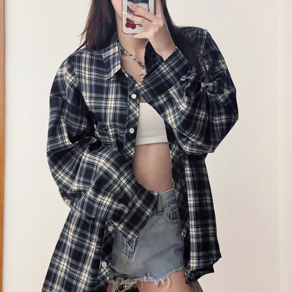 Blusa De Manga Comprida Com Camisa Xadrez Vintage Cammello Loose Fit | Vestuário De Moda Oversized Casual Diário Em Cama