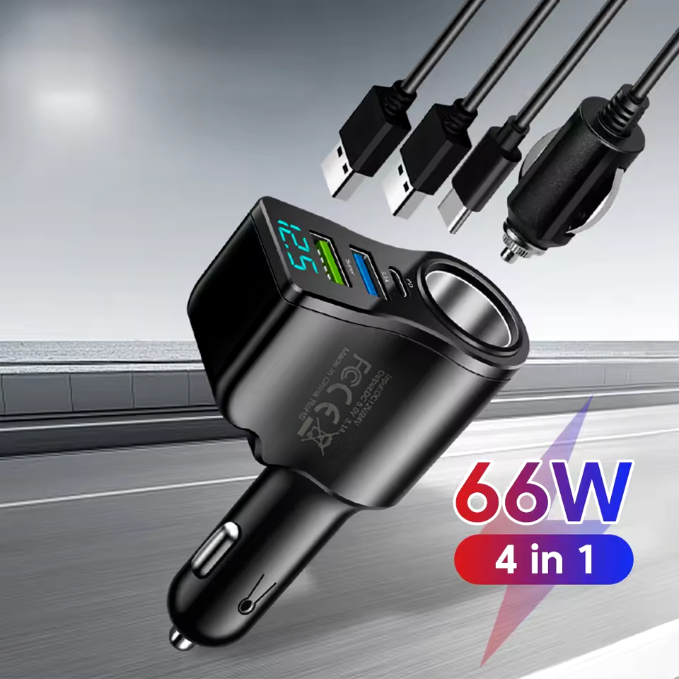 66W 4 Portas multifuncionais para isqueiro de carro Adaptador de alimentação 3.1A Carregador rápido para carro com PD