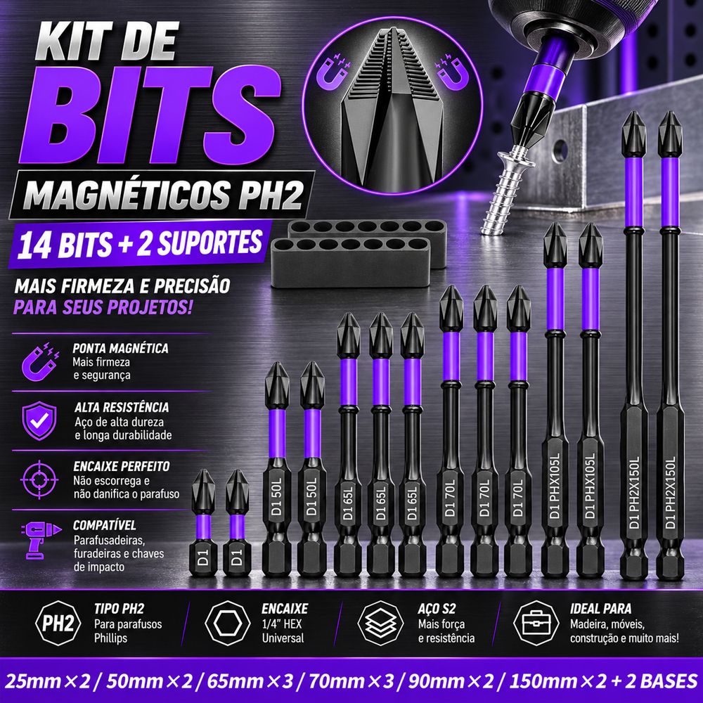 14pcs Conjunto De Chave De Fenda PH2 Cruz De Impacto Magnético De Alta Dureza 25-150mm