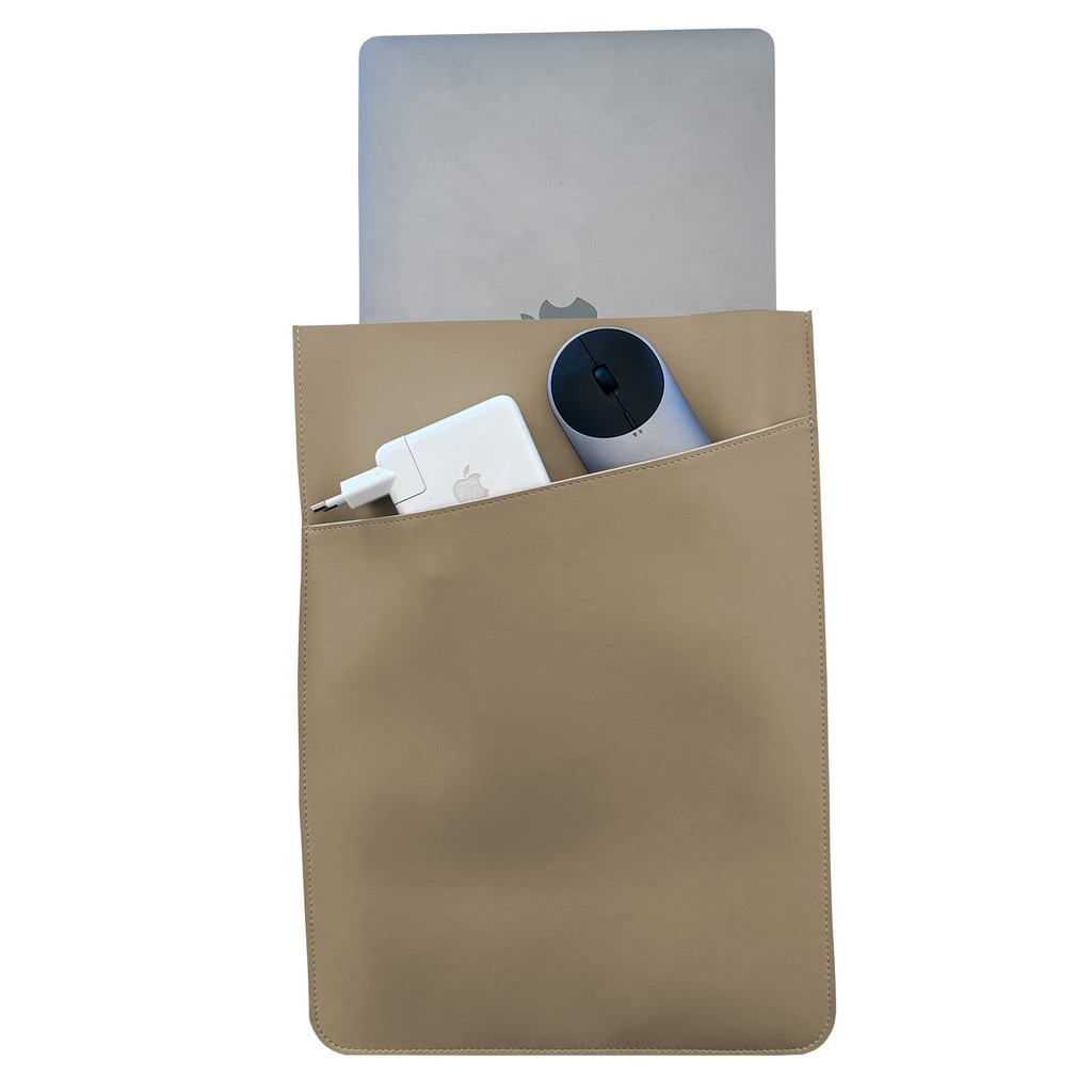 Pasta Case Para Notebook de Couro Bege Claro com Bolso