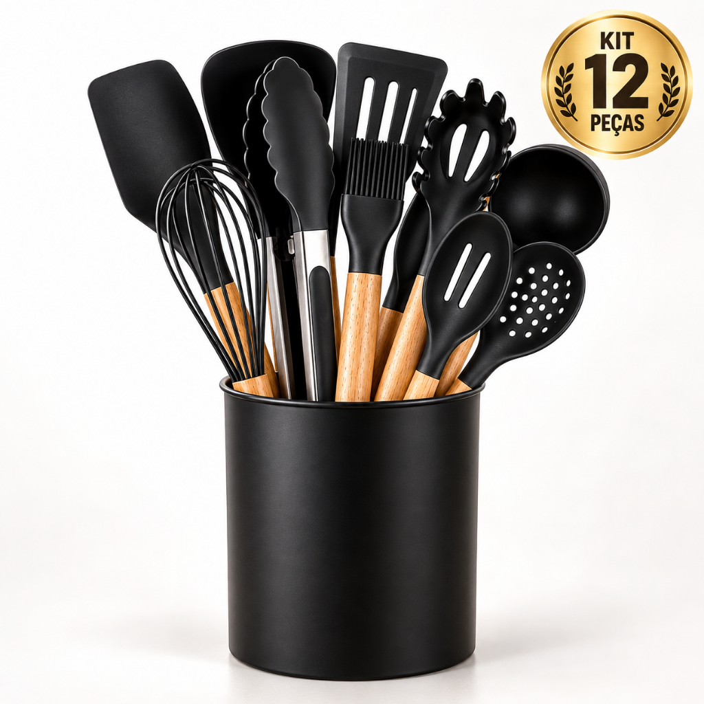 Kit de Utensílios de Cozinha em Silicone com Cabo de Madeira 12 Peças