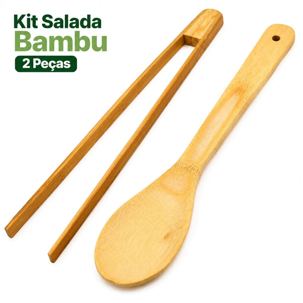 Kit 2 Utensílios de Cozinha em Bambu Colher e Pegador Resistente Sustentável Premium