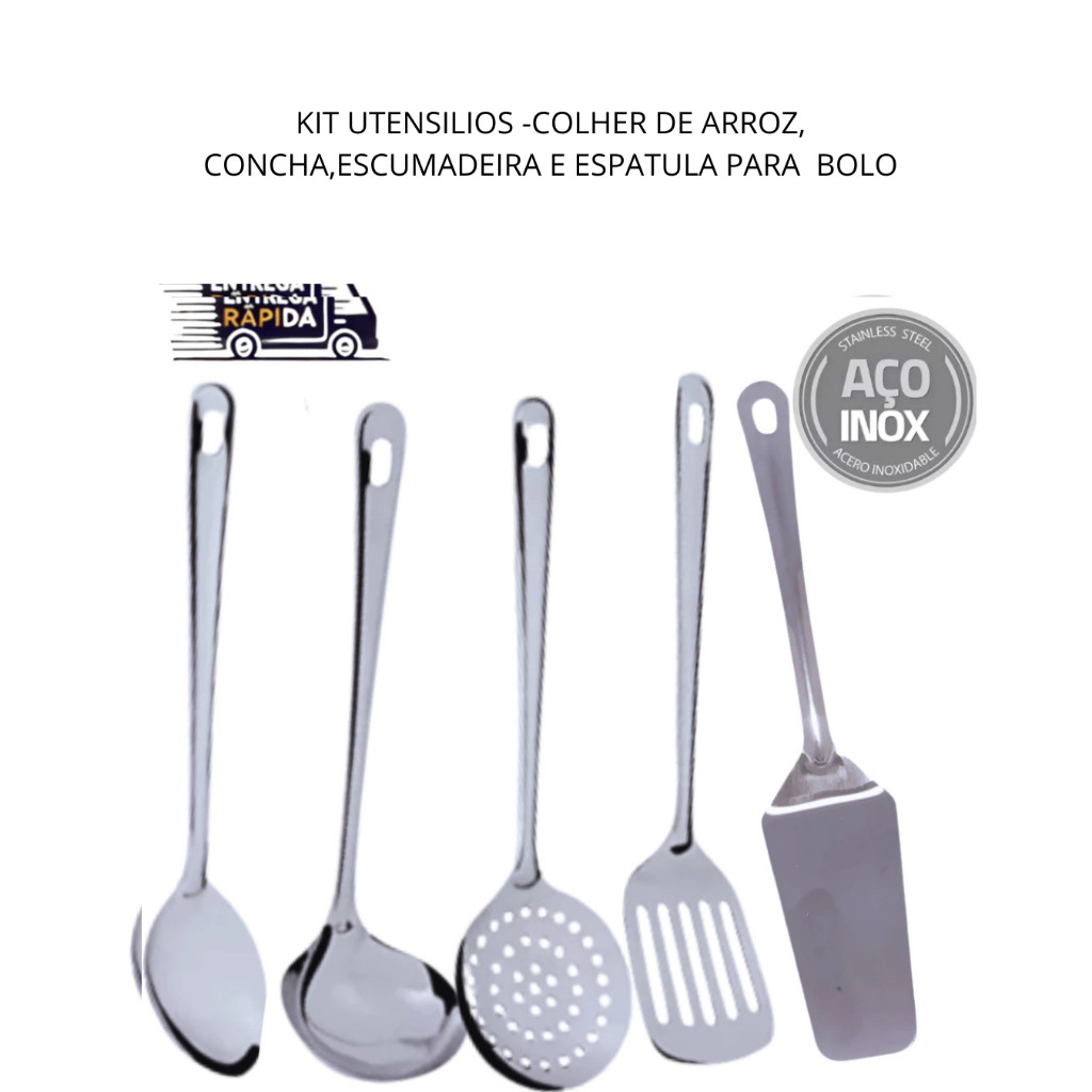 COMBO 5 UTENSILIOS EM INOX LINHA RECIFE - ESCUMADEIRA CONCHA COLHER DE ARROZ ESPATULA VAZADA E ESPATULA PARA BOLO PUDIM