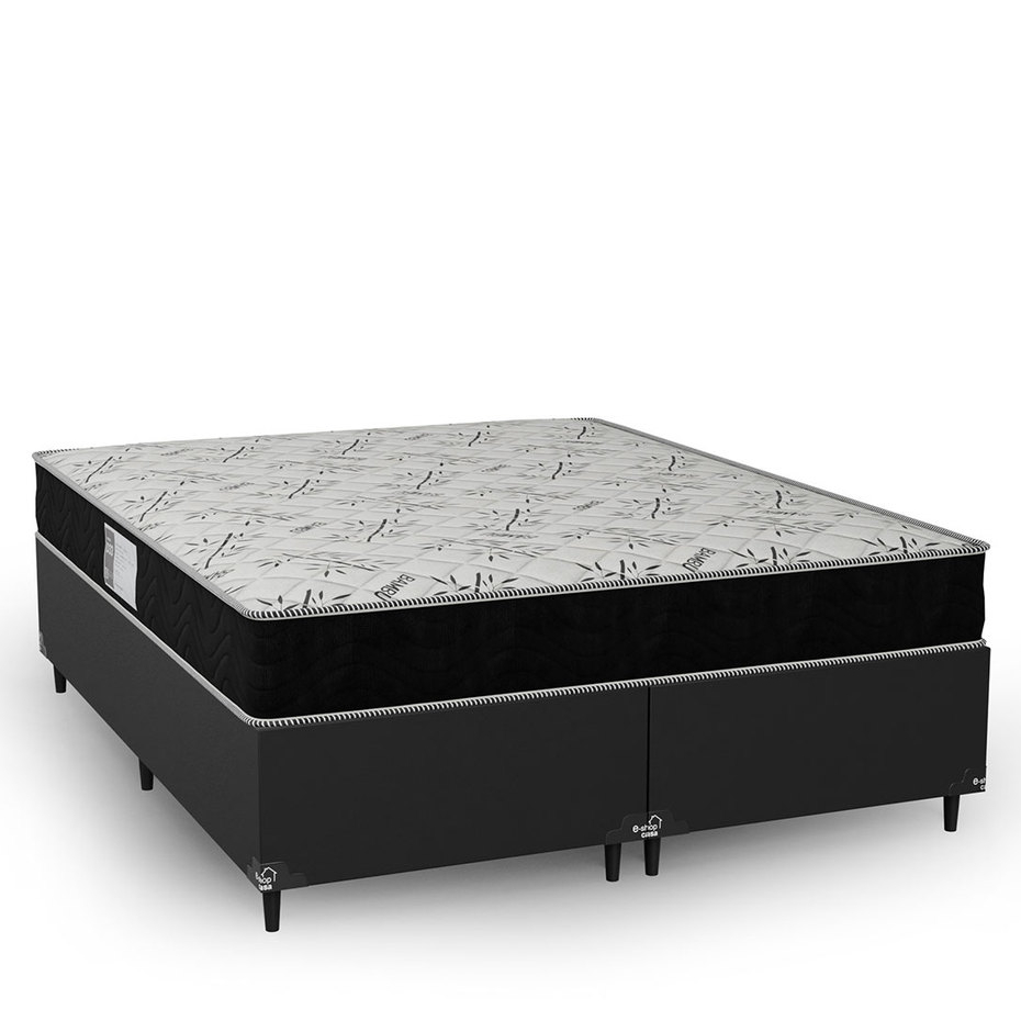 Cama Box Queen Bipartido Couro Preto + Colchão D33 One Face Suede Preto - e-Shop Casa