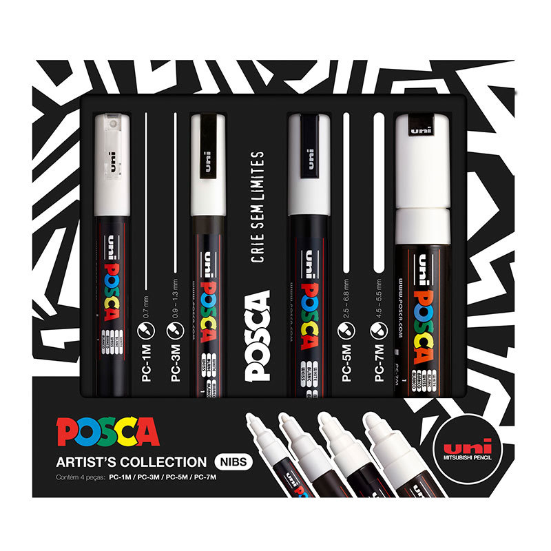 Caneta Posca Artists Collection NIBS Branco estojo com 4 unidades Uni-Ball