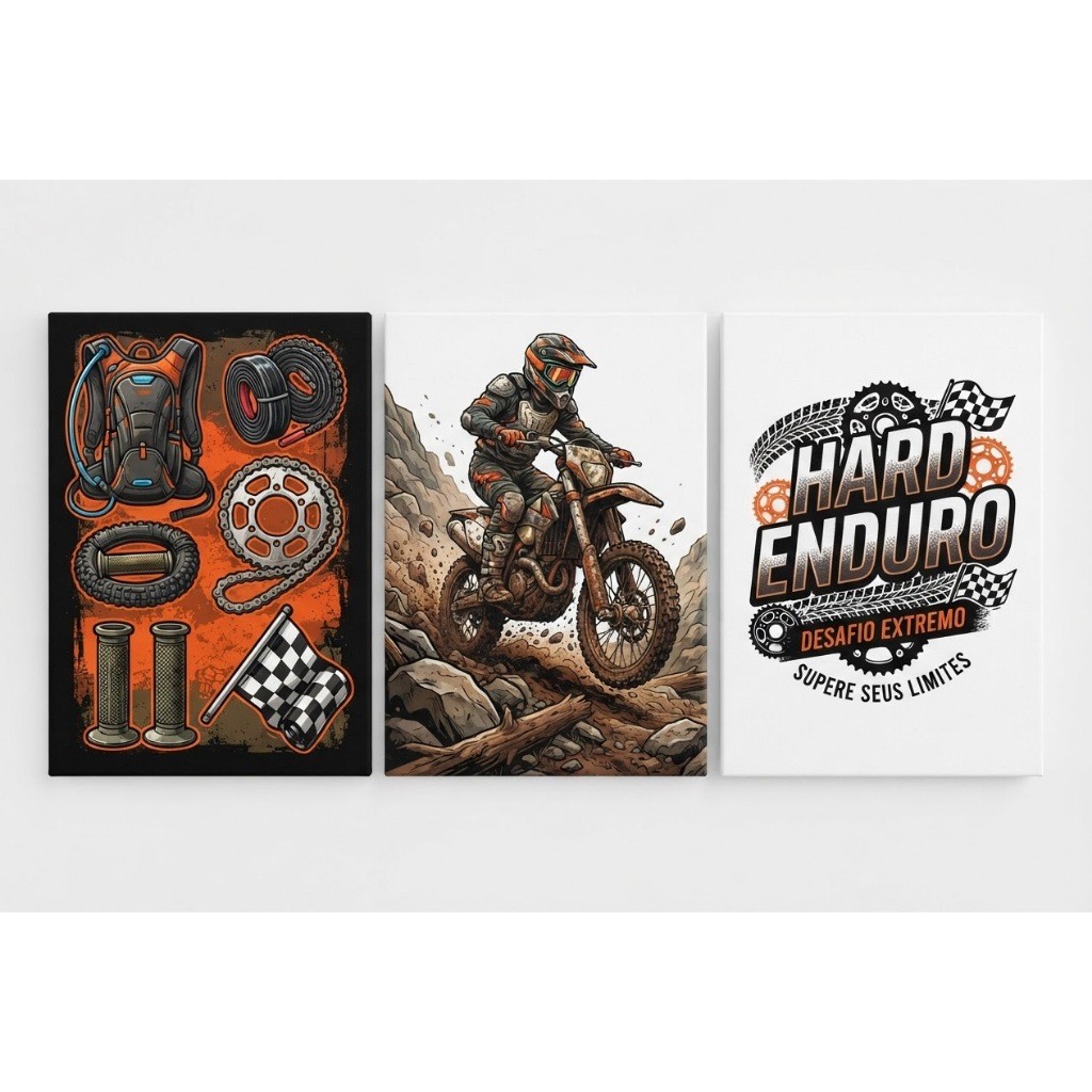 Quadro Decorativo 3 Peças hard enduro Decoração Sala Quarto Escritório